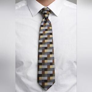 JOHN SPARKS Silver Brown and Yellow Psychedelic Geometric Basketweave Tie